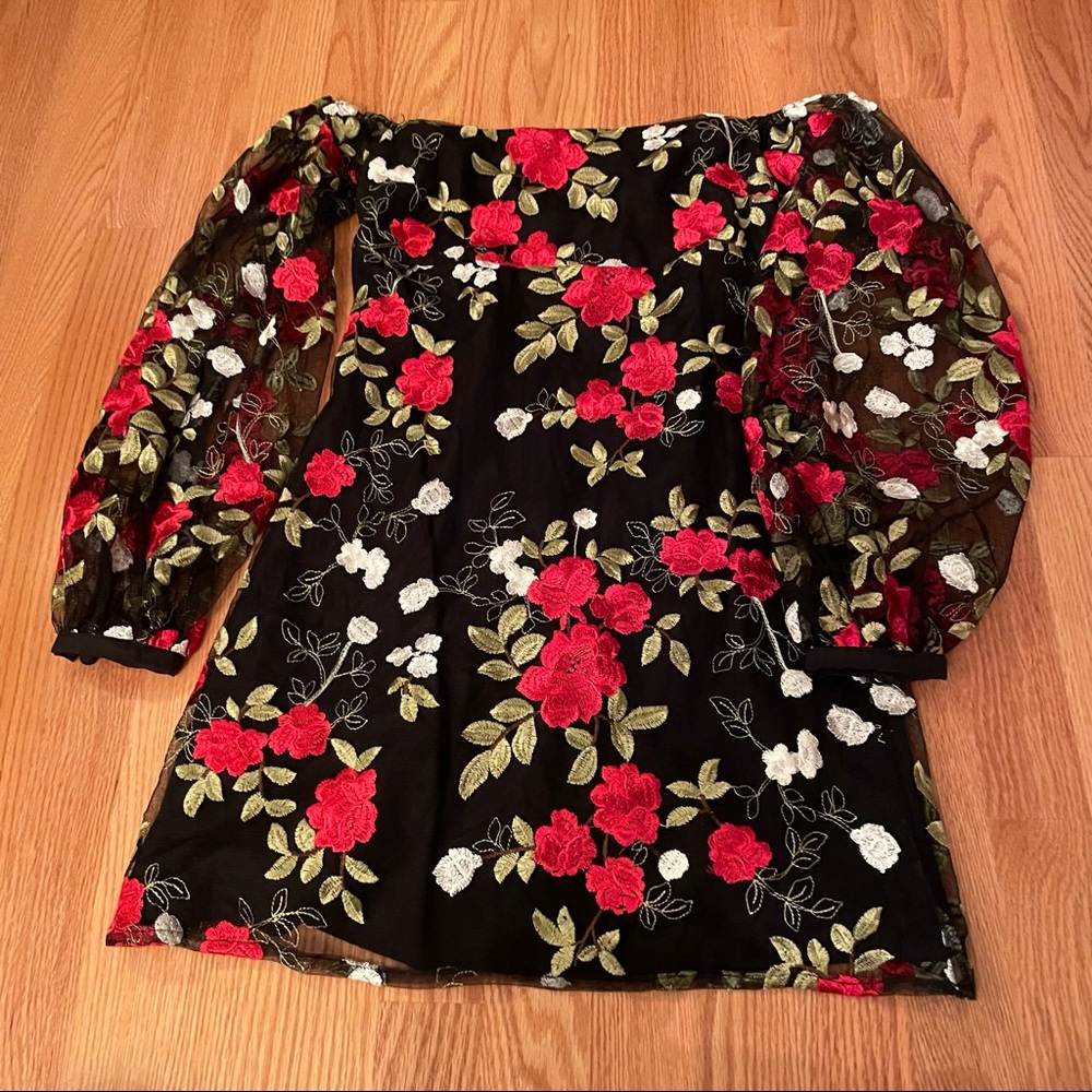 Lovers + Friends off-the-shoulder rose dress